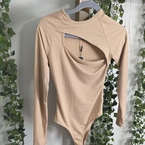 Fashion Nova Tan Cutout Long Sleeve Bodysuit